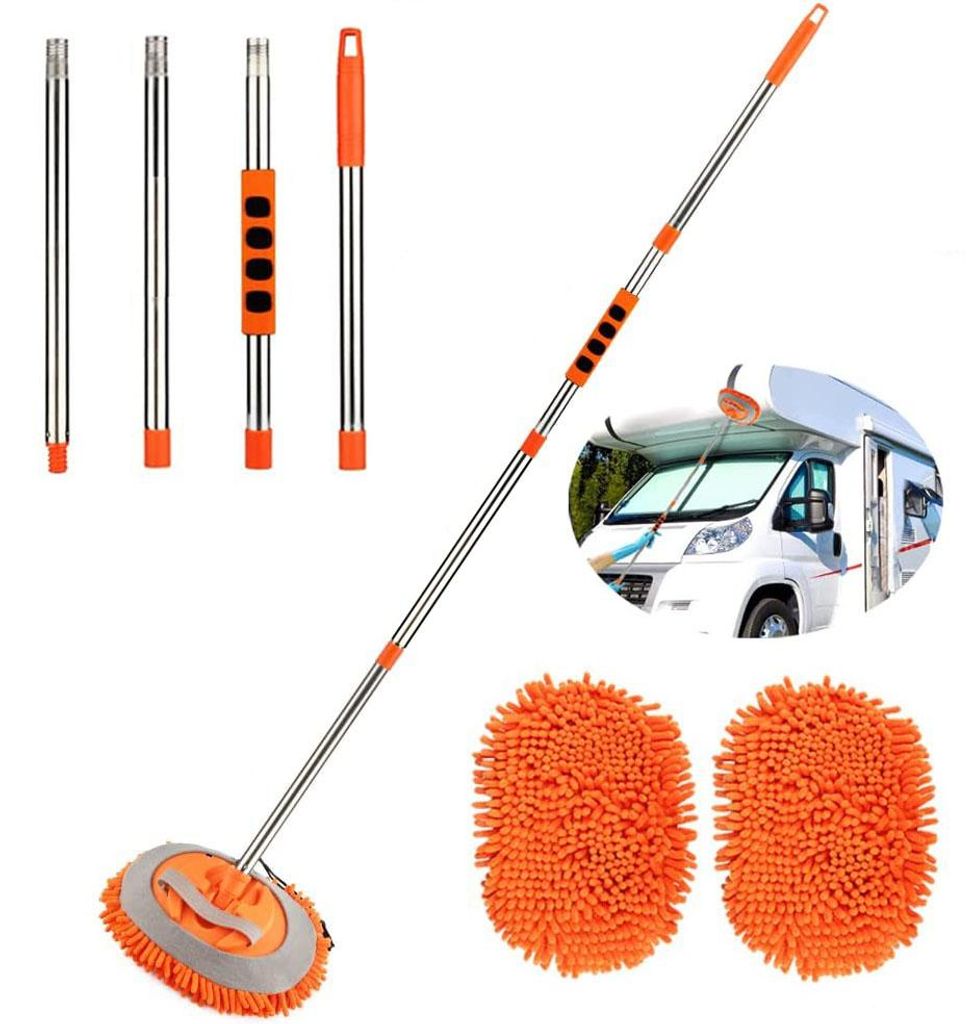 Autowaschbürste, Teleskop Waschbürste, Auto Reinigungsbürste, bis 157cm ausziehbar, 180°Schwenkkopf, mit Mikrofaser Mop, für KFZ, Wohnmobil, LKW