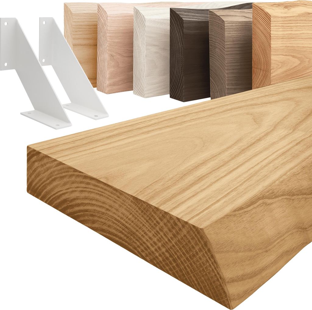 LAMO Manufaktur Wandregal Holz Baumkante | Regal Farbe: Rustikal | mit weißem Vintage Regalträger | 80 cm