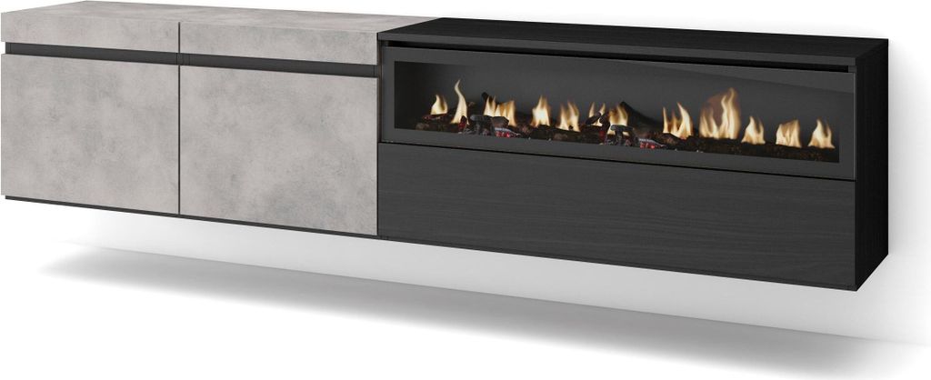 TV-Schrank, Lowboard, 200x35x45cm, Für TV-Geräte bis zu 80", Elektrokamin, Hängend, Zementgrau und Schwarz