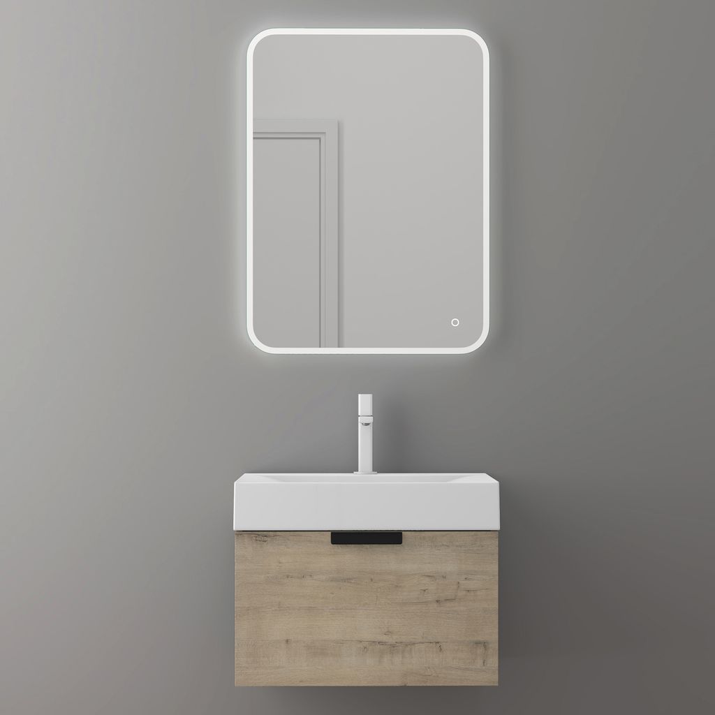 doporro Badmöbel Set Waschtisch mit Unterschrank Waschbeckenunterschrank in Eiche Greige BTH:60x45x48 cm mit Soft-Close-Funktion inkl.LED-Spiegel ...