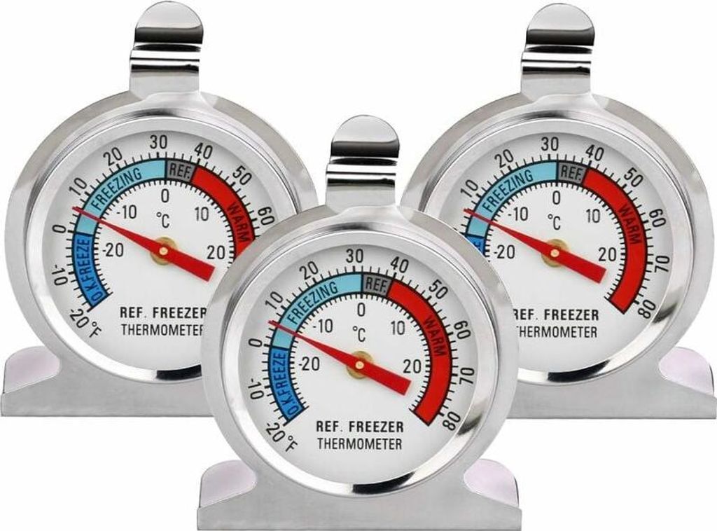Stück großes Edelstahl-Kühlschrankthermometer für Gefrierschrank und Kühlbox mit Aufhängehaken und Ständer (3 Stück)