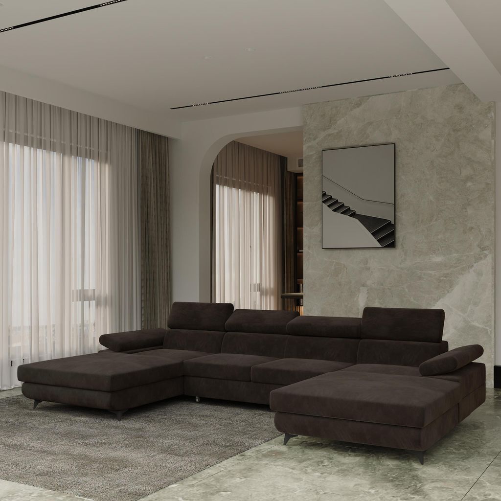 Masseno Ecksofa DETTI mit Schlaffunktion U-Form, Sofa mit Bettkasten, Wohnzimmersofa, Couch, Soffa, Bettsofa, Couchgarnitur- Braun, MONOLITH 29