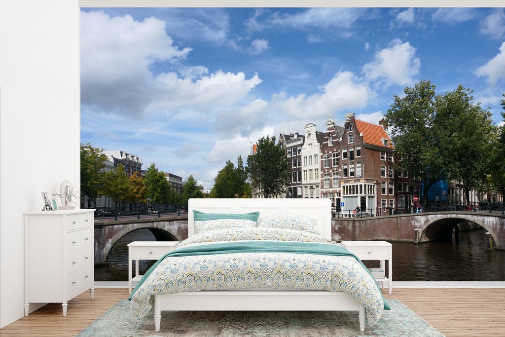 MuchoWow Fototapete für Wohnzimmer oder Schlafzimmer Wandtapete Vinyl Motivtapete Die Keizersgracht in Amsterdam unter einem blauen Himmel mit W...