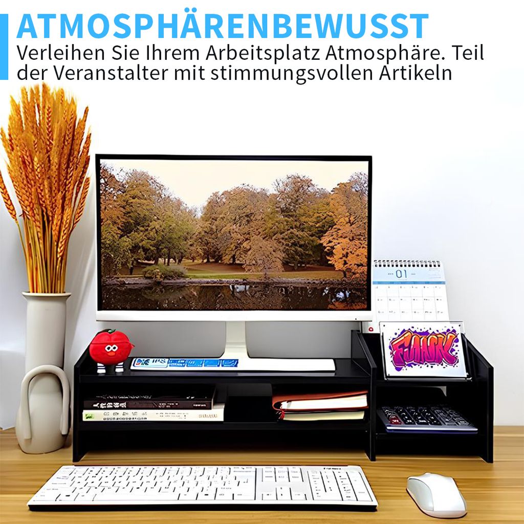 Fleau Monitorerhöhung Aus Holz - Laptopständer & Schreibtisch-Organizer Mit Fächern | Ergonomische Bildschirmerhöhung