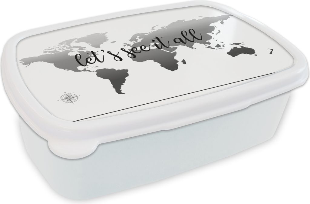 KitchenYeah Lunchbox Brotzeit Brotdose 17x11 cm Weltkarte ohne Grenzen und schwarzer Text - schwarz-weiß Kinder Brotzeitdose - Lunch Box - Kinde...