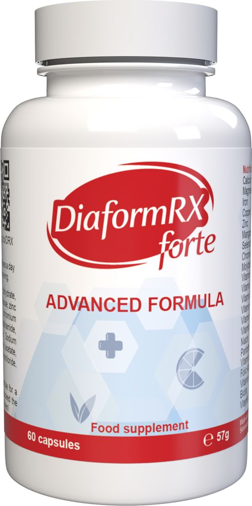 A product shot of a white bottle of DiaformRX forte food supplement capsules.