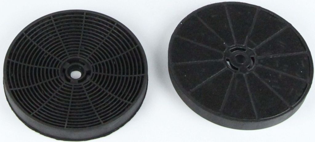 Two black circular carbon filters are displayed side-by-side against a white background.