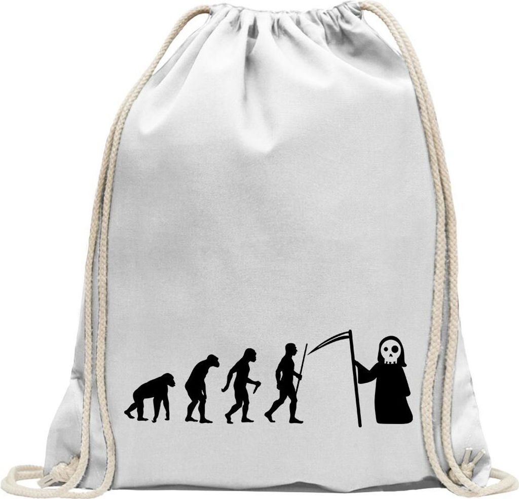 Kiwistar - Turnbeutel - weiss - Sensenmann Tod Evolution - Fun Rucksack Sport Beutel Gymsack Baumwolle mit Ziehgurt