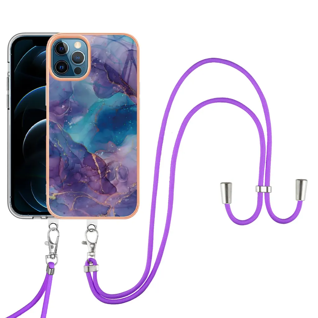 Custodia con cinturino per iPhone 12 Pro Max, bumper in TPU a fantasia, custodia protettiva con cinturino regolabile Viola
