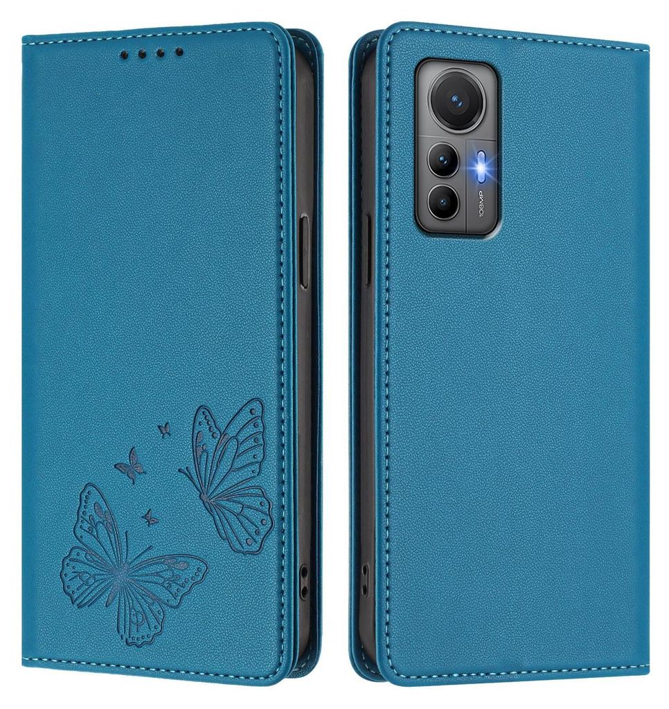 Lederhülle für Xiaomi 12 Lite, Schmetterling Prägung Leder Brieftasche Schutzhülle mit Ständer Blau