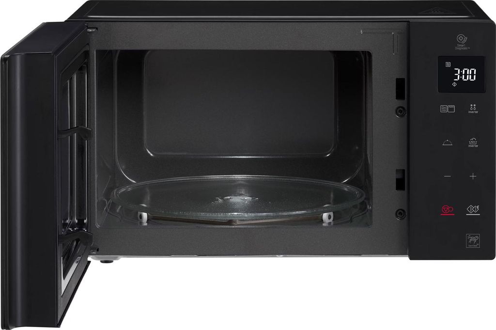 An open black LG microwave with a glass turntable inside, set against a white background.