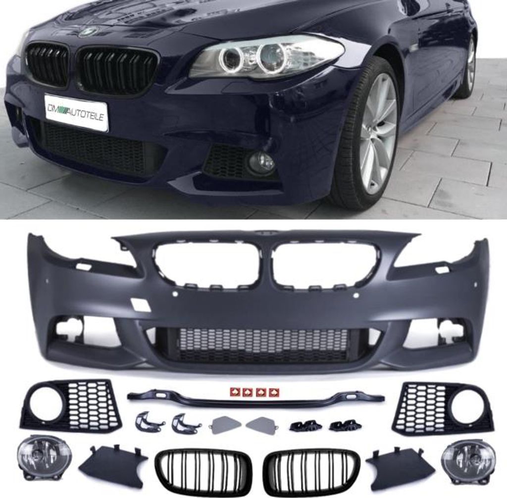 Umbau Sport Stoßstange vorne + Doppelsteg Kühlergrill Schwarz passt für BMW 5er F10 F11 Serie & M-Paket