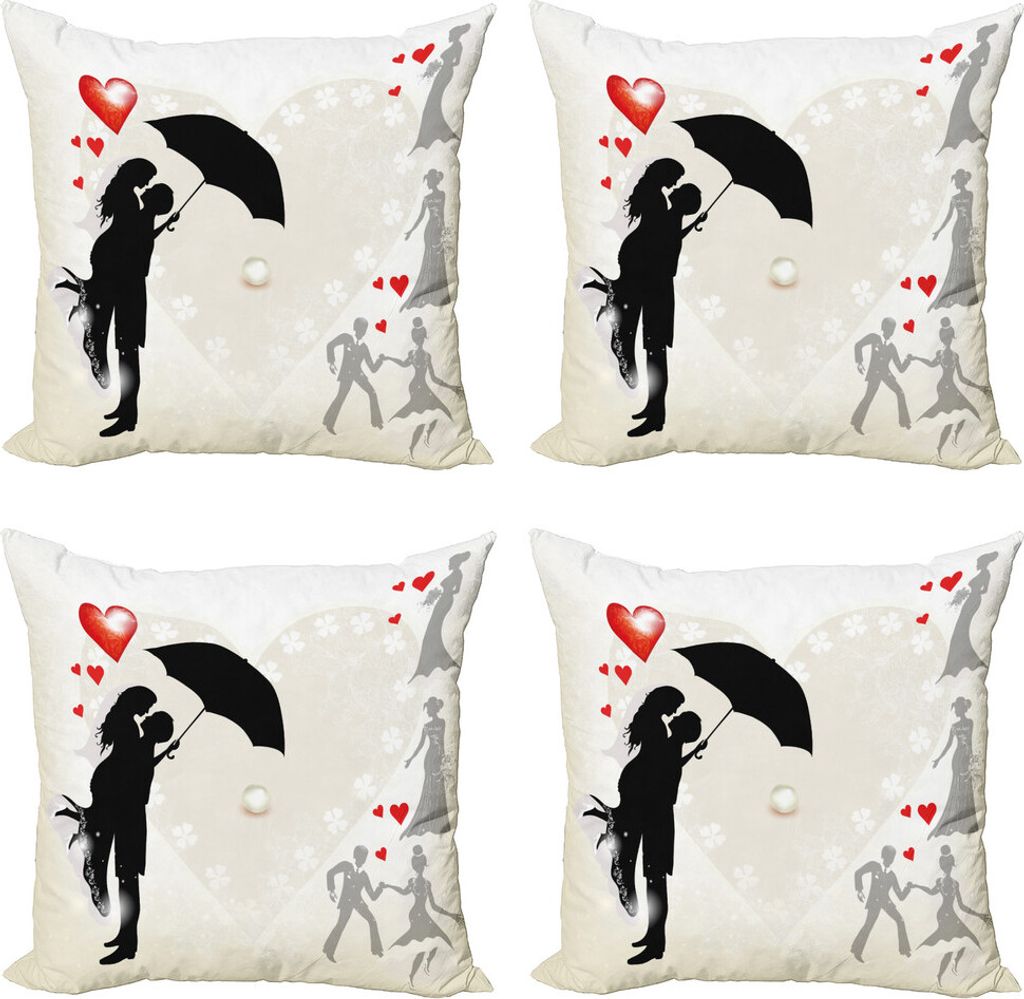 ABAKUHAUS Hochzeit Kissenbezug Set (4 Stück), Paar Liebe Verhältnis, Moderner Doppelseitiger Digitaldruck, 40 cm x 40 cm, Schwarz Weiß Rot