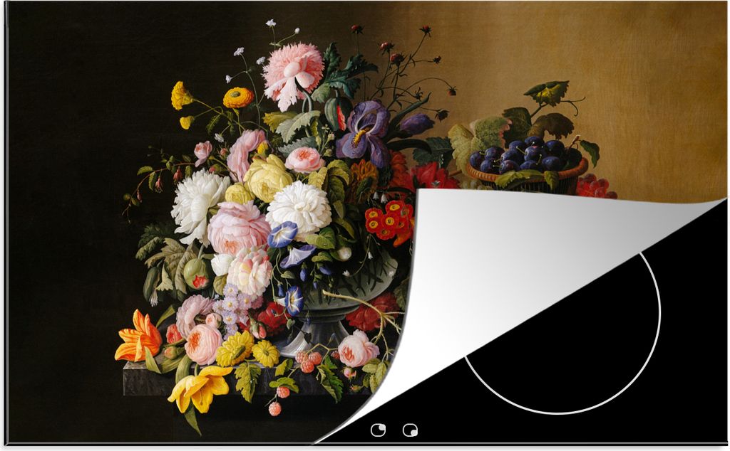 KitchenYeah Herdabdeckplatte Stilleben mit Blumen und Früchten - Kunstwerk - Alte Meister , 90x52cm, Küche Deko, Glaskeramikkochfeld Herdabdeck...