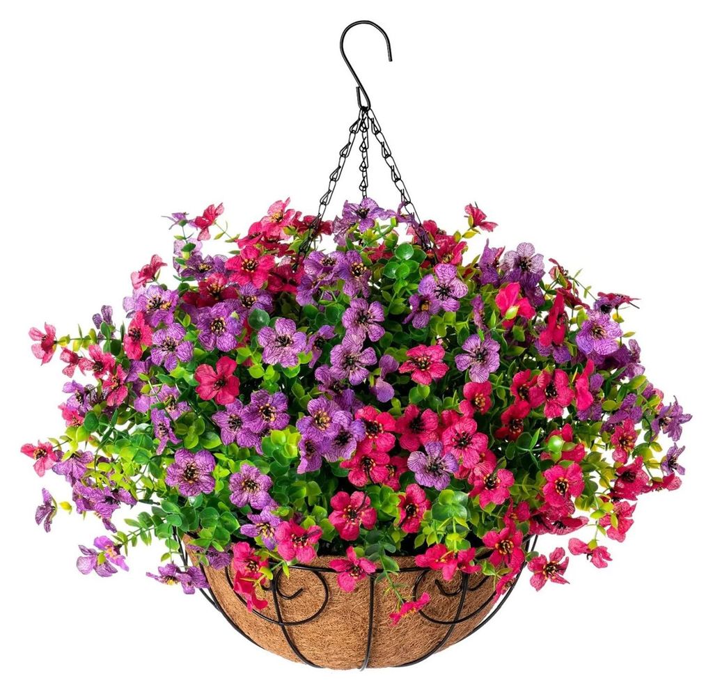 Künstlicher Blumen-Hängekorb mit Eukalyptusblättern, inklusive Blumen, für Frühling und Sommer, Veranda, Garten oder Terrasse
