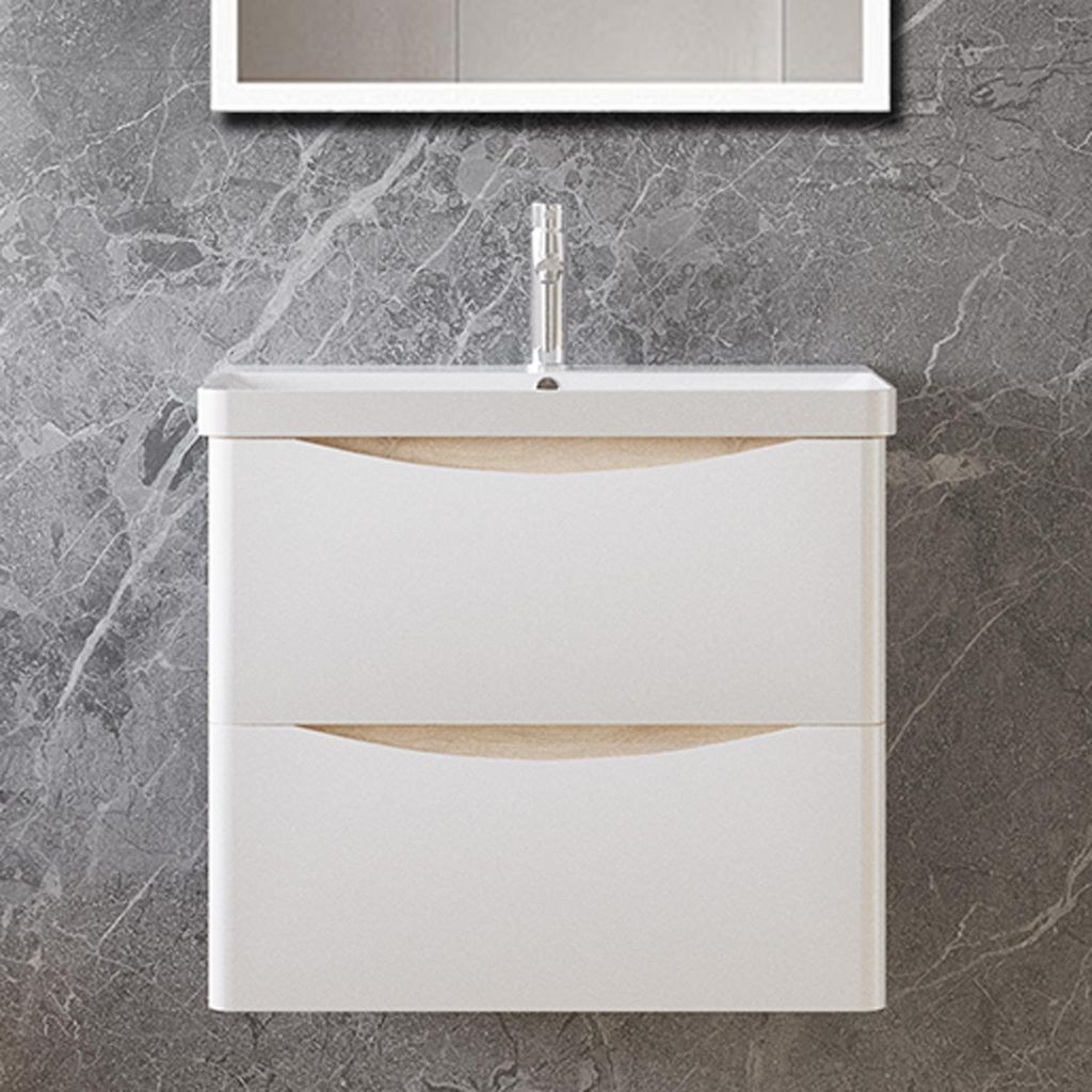 Badezimmerschrank 60cm Mineralguss Waschtisch mit Unterschrank Eiche+Weiß Matt Badmöbel Set mit Soft-Close