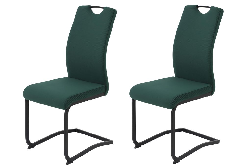 Hela Tische, 2er Set Freischwinger Riga, Bezug Samt Cord Grün, Vierkantrohr Gestell Schwarz, Lehne mit Griff, ergonomischer Rücken, 120kg belastbar