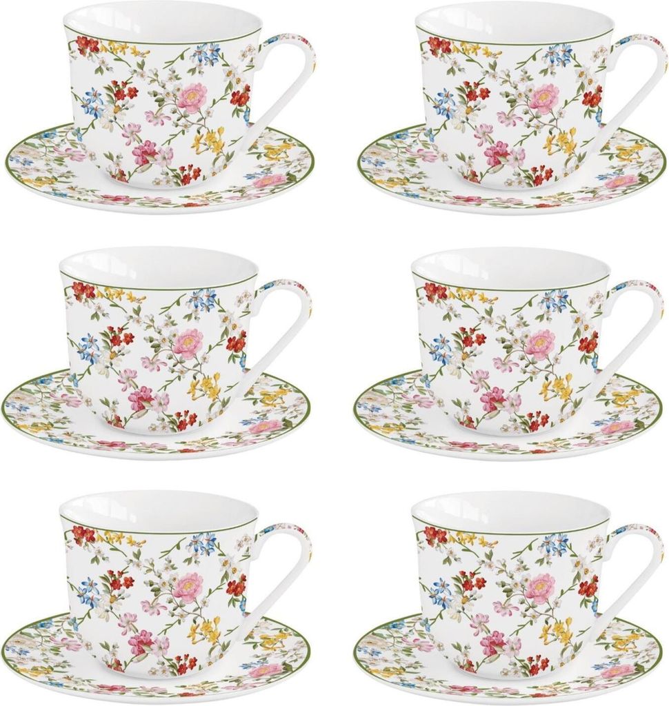 6er Set Tassen mit Untertasse GARDEN DREAMS weiß mit bunten Blumen Easy Life