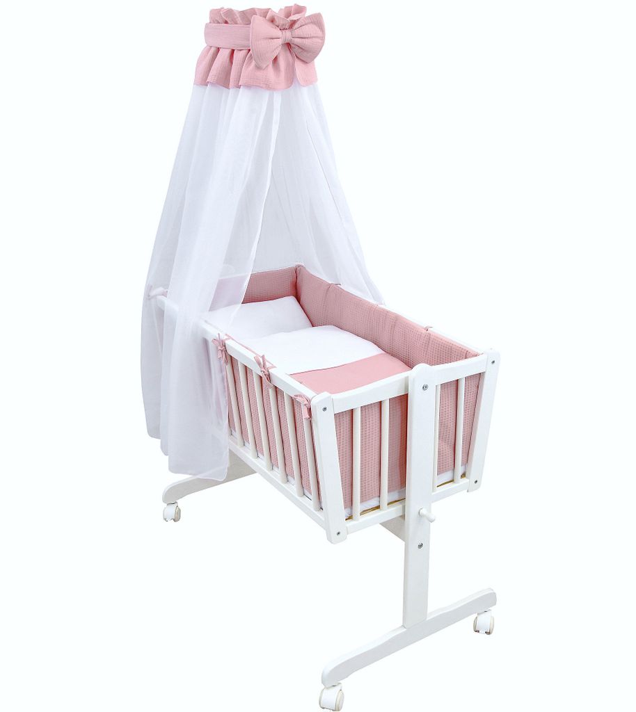 Baby-Delux Wiegenset Bettwäsche Set 6-tlg Waffelpique Musselin für Babywiege Rosa (ohne Wiege)