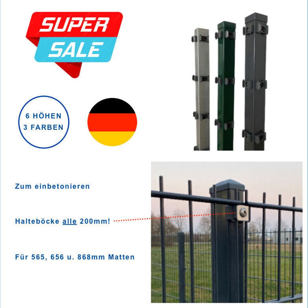 GEWA Pfosten Doppelstabmatten Zaunpfosten Zaunpfahl mit Halter 60x40mm TOP-PREIS Moosgrün RAL6005 123cm