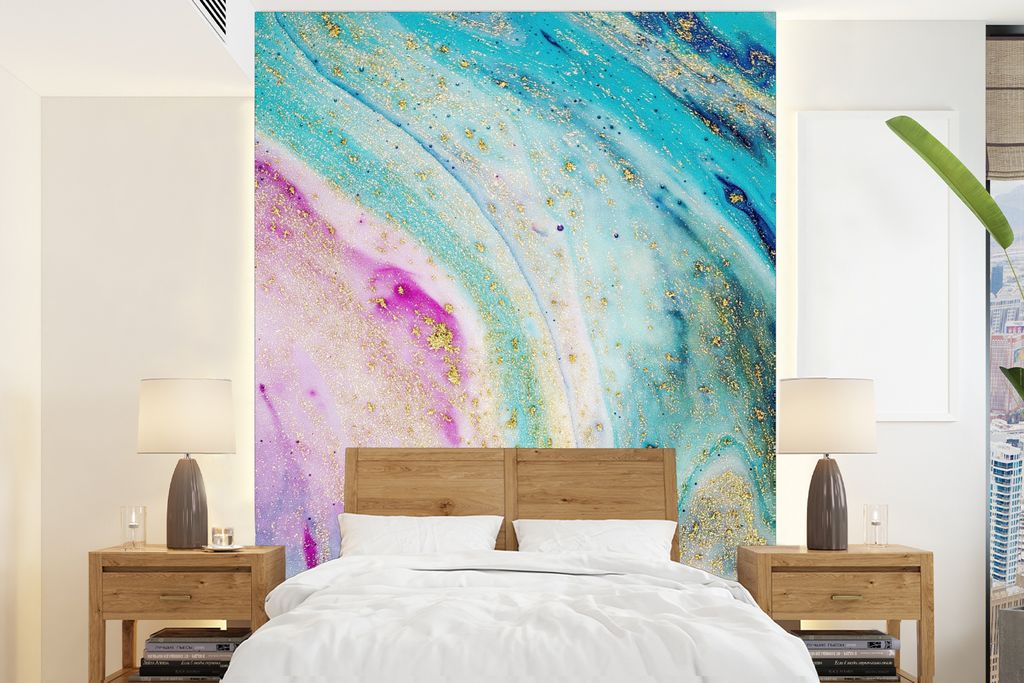 MuchoWow Fototapete für Wohnzimmer oder Schlafzimmer Wandtapete Vinyl Motivtapete Marmor - Farbe - Regenbogen - 190x260 cm - Papiertapete