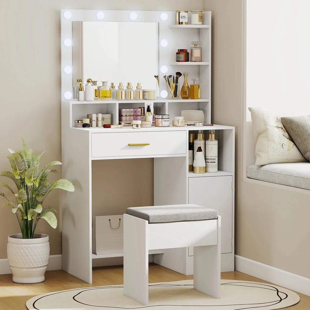 Coiffeuse lumineuse blanche gain de place | Coiffeuse miroir LED - 2