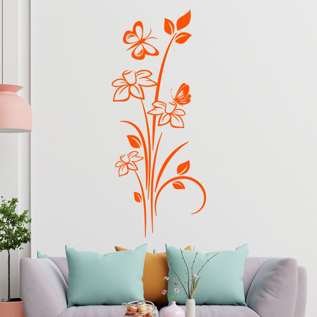 zwei Schmetterling mit Blume Wandtattoo in 6 Größen - Wandaufkleber Wall Sticker - Dekoration, Küche, Wohnzimmer, Schlafzimmer, Badezimmer