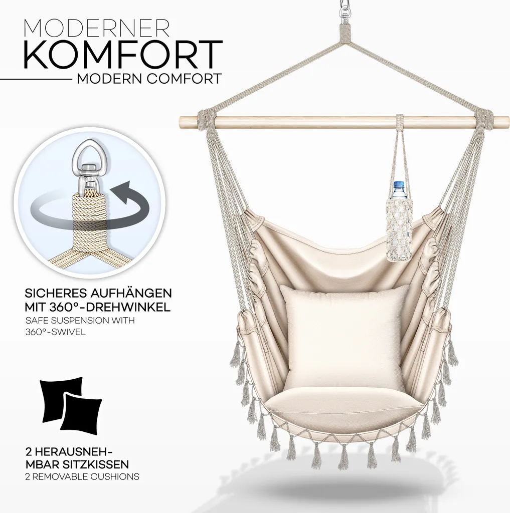 Fauteuil Suspendu Beige Résistant Intempéries avec Porte-Gobelet Intégré