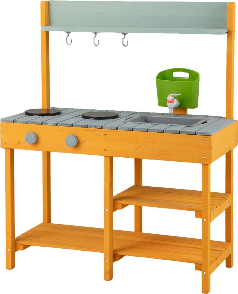 GOPLUS Holz Spielküche, Kinderküche mit Wassertank, Wasserfluss & Spülbecken, Kinderspielküche mit Kochfeld, Drehknopf, 4 Ablagen & 3 Haken, Or...