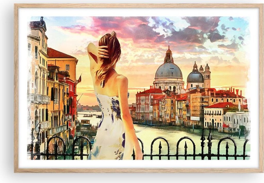 Gerahmtes Poster - Rahmen in heller Eiche - Venedig Brücke Wasser - 91,5x61 cm - Wand Bild - Wanddeko - Wandbilder - Wandposter - Bilderrahmen - B...