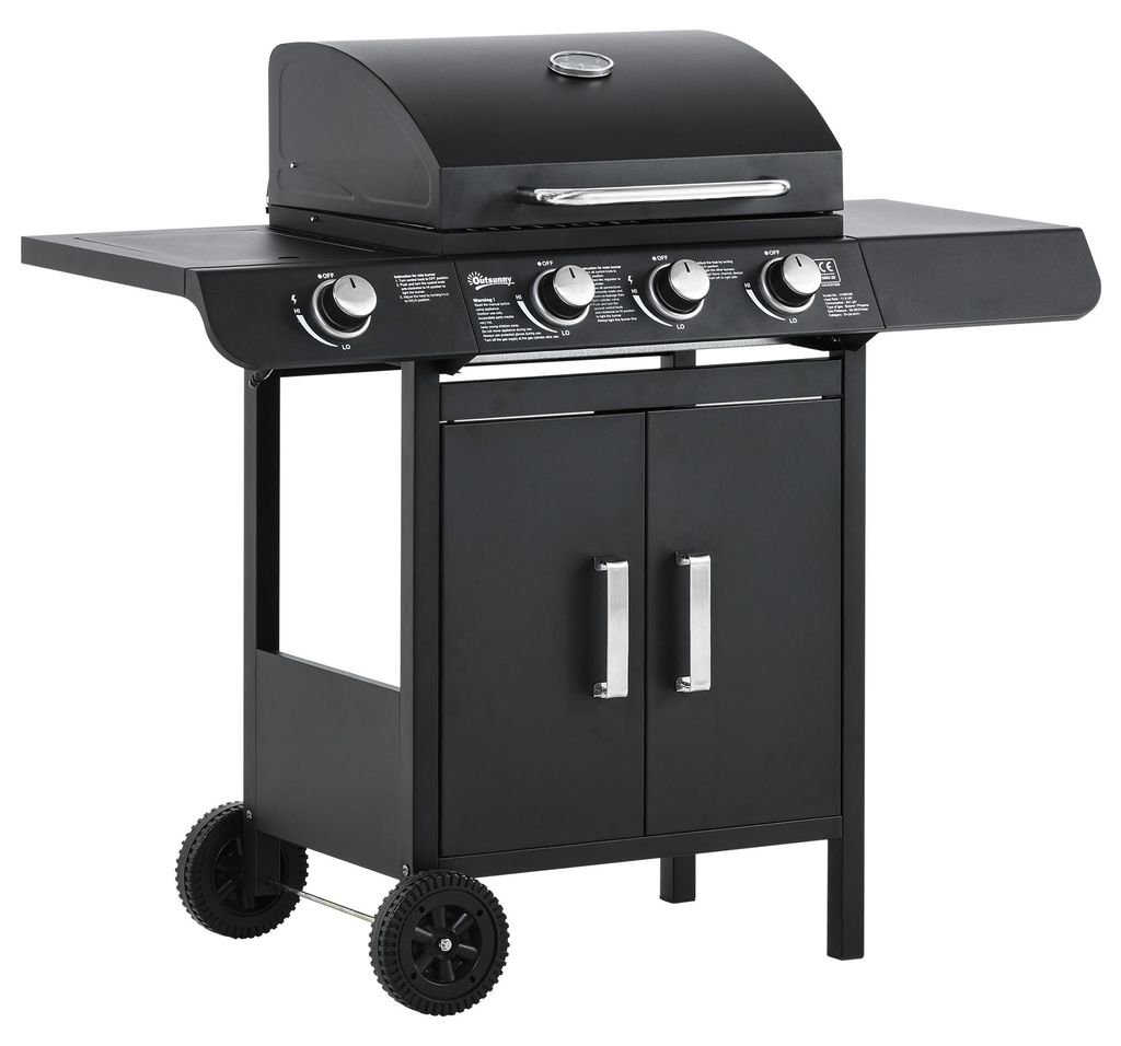 Gasgrill 4-Brenner 11.6kW mit Seitenbrenner Grillfläche 49x36cm porzellanemaillierter Grillrost Outdoor Barbecue Grillwagen mit Deckelthermometer ...