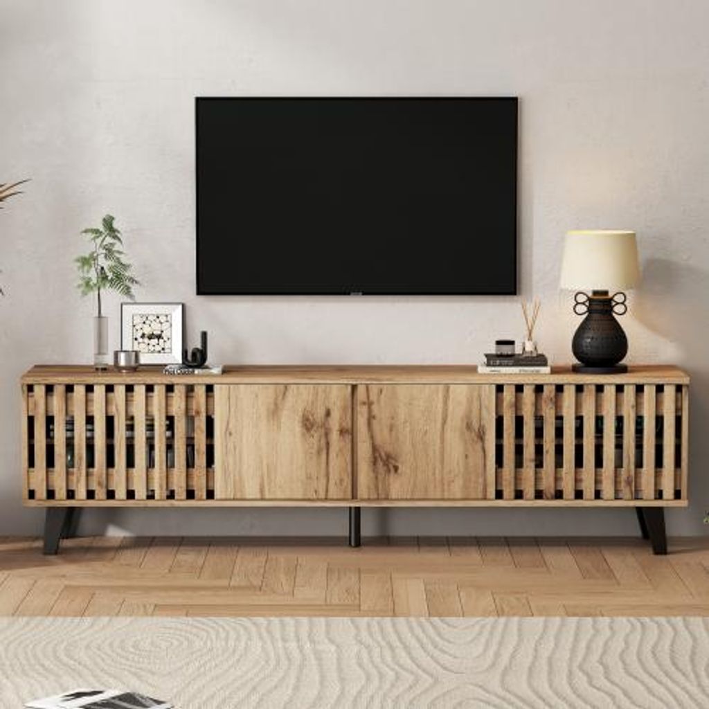 TV Kommode Holzoptik 180x40x55 cm 8 Ablagen Wohnzimmer Lowboard 8 Ablagefaecher 70-Zoll Fernseher Schrank Staender Konsolen-Entertainment-Center