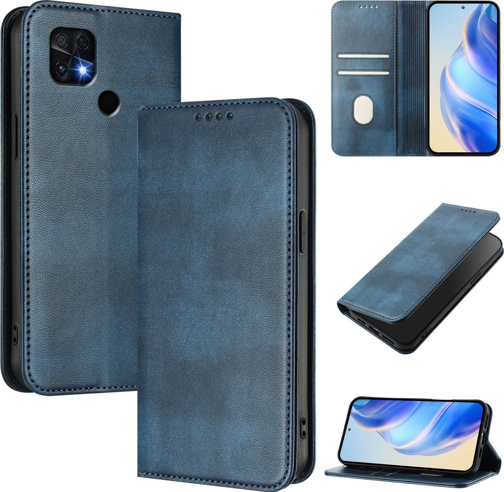 Handyhülle für Xiaomi Poco C40/Redmi 10C, Vintage Leder RFID Schutz Kartenfach Standfunktion Magnetische Klapphülle Blau