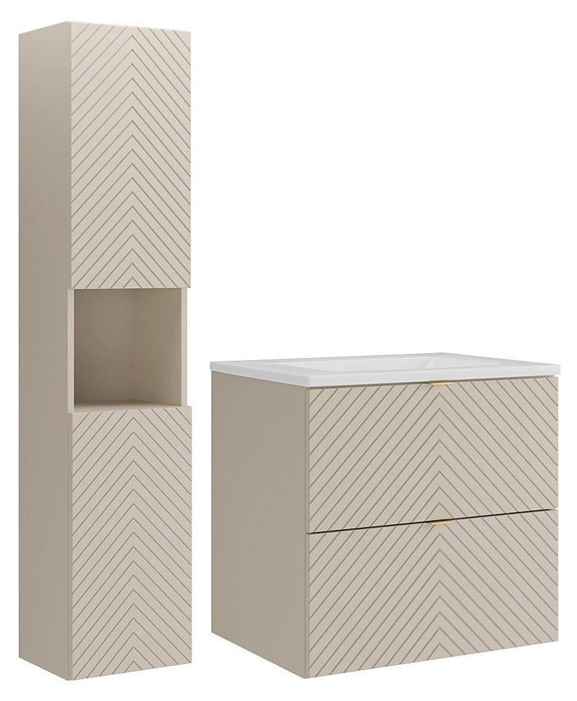 Hängender Badezimmerschrank im Fischgrätenmuster mit Einbauwaschbecken und Stützpfosten – Beige – 60 cm – DORIONI