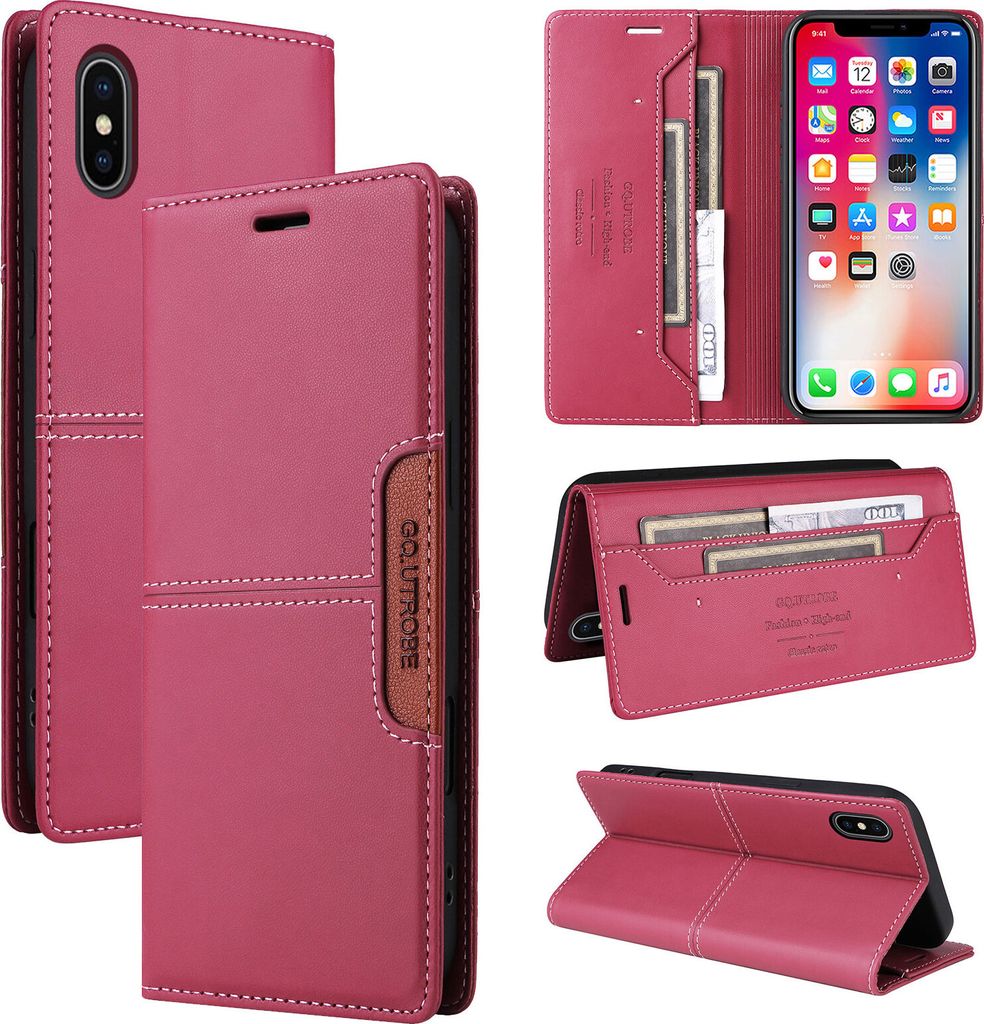 Handyhülle für iPhone X/iPhone Xs Hülle, Leder Flip Wallet Kartenfach Stand Schutzhülle Rot