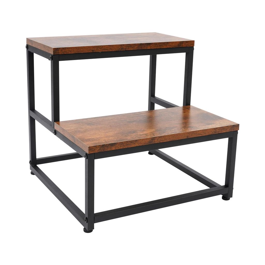 A two-step stool with a wood-grain finish and black metal frame, shown against a white background.