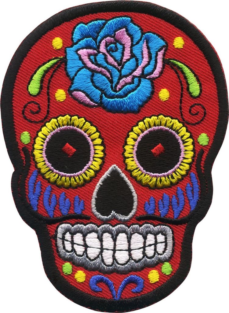 Aufnäher - Totenkopf Mexico mit Rose - rot-blau - Patch