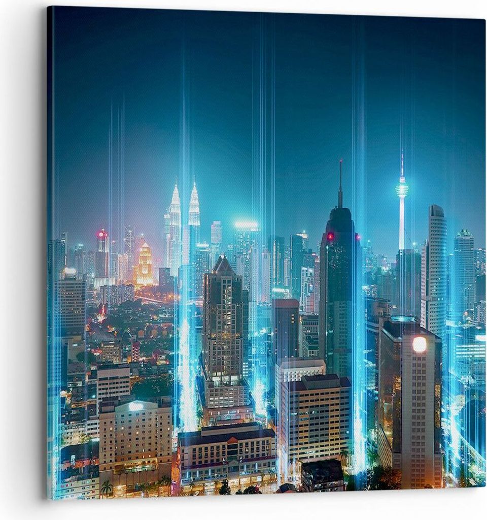 Bild auf Leinwand - Leinwandbild - Stadt Nacht Straße - 70x70cm - Wand Bild - Wanddeko - Wandbilder - Leinwanddruck - Bilder - Kunstdruck - Wandde...