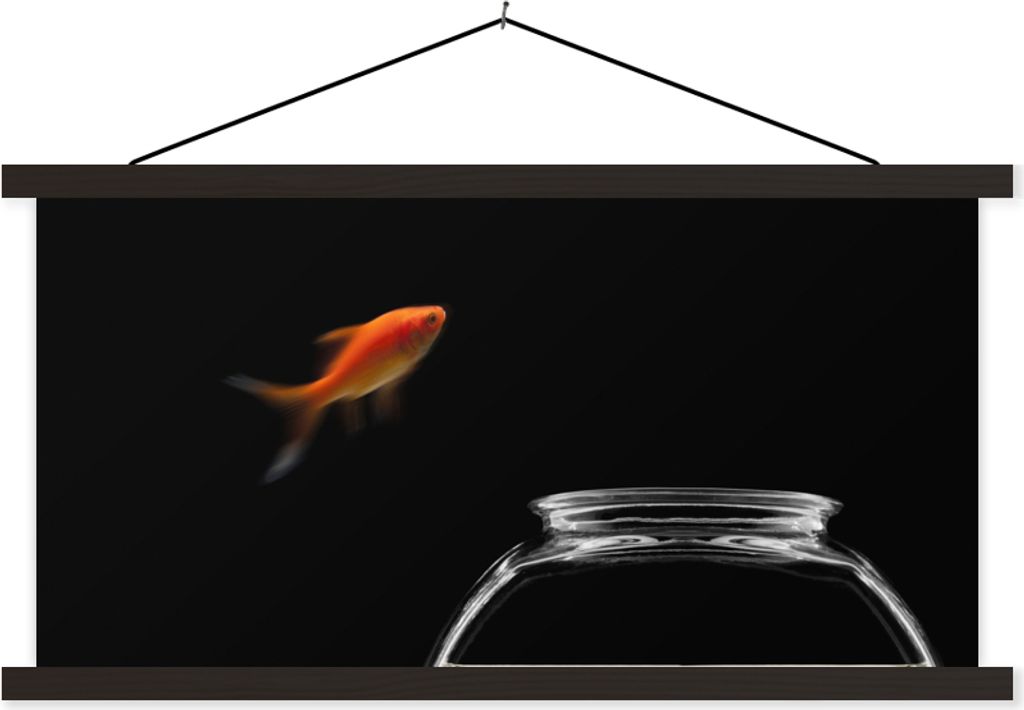 MuchoWow Textilposter Goldfisch - Fischglas - Schwarz 150x75 cm mit schwarzem Rahmen - Posterleiste