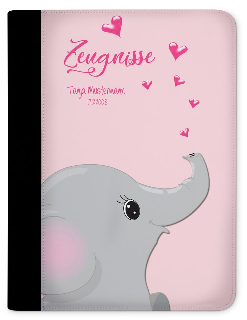 Zeugnismappe, Dokumentenmappe, Ordner A4, Elefant Rosa mit Klarsichthüllen