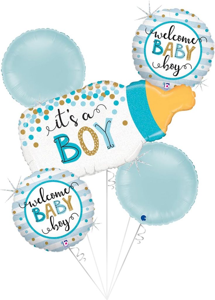 Folieballonnen: Boeket geboorte confetti bottle boy - 5 stuks