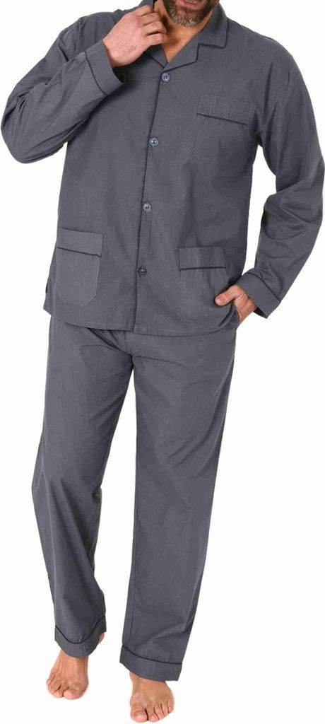 Herren langarm Schlafanzug Pyjama gewebt zum Knöpfen in eleganter Optik ; grau , 48