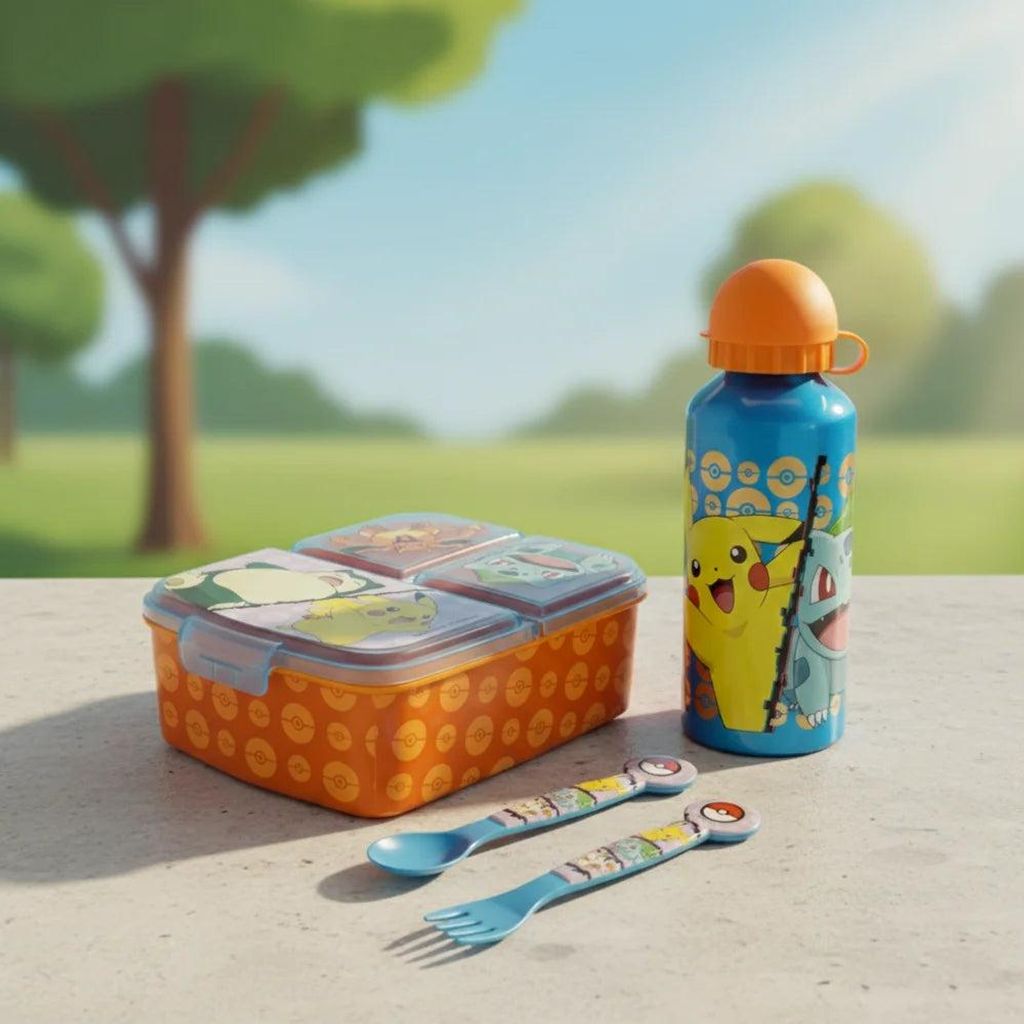 Pokemon Kinder 4 tlg. Set 3 Kammern Brotdose Gabel Löffel Alu-Flasche