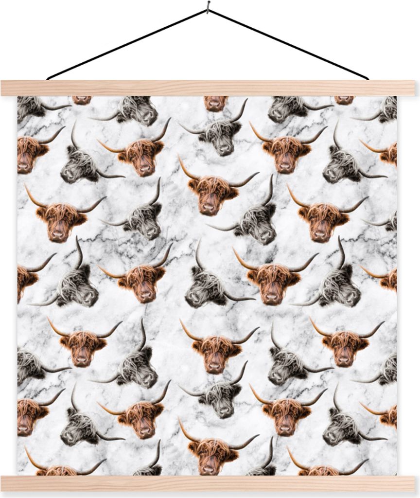 MuchoWow Textilposter Schottisches Hochlandrind - Kuh - Marmor 60x60 cm mit holzfarbenen Rahmen - Wanddekoration