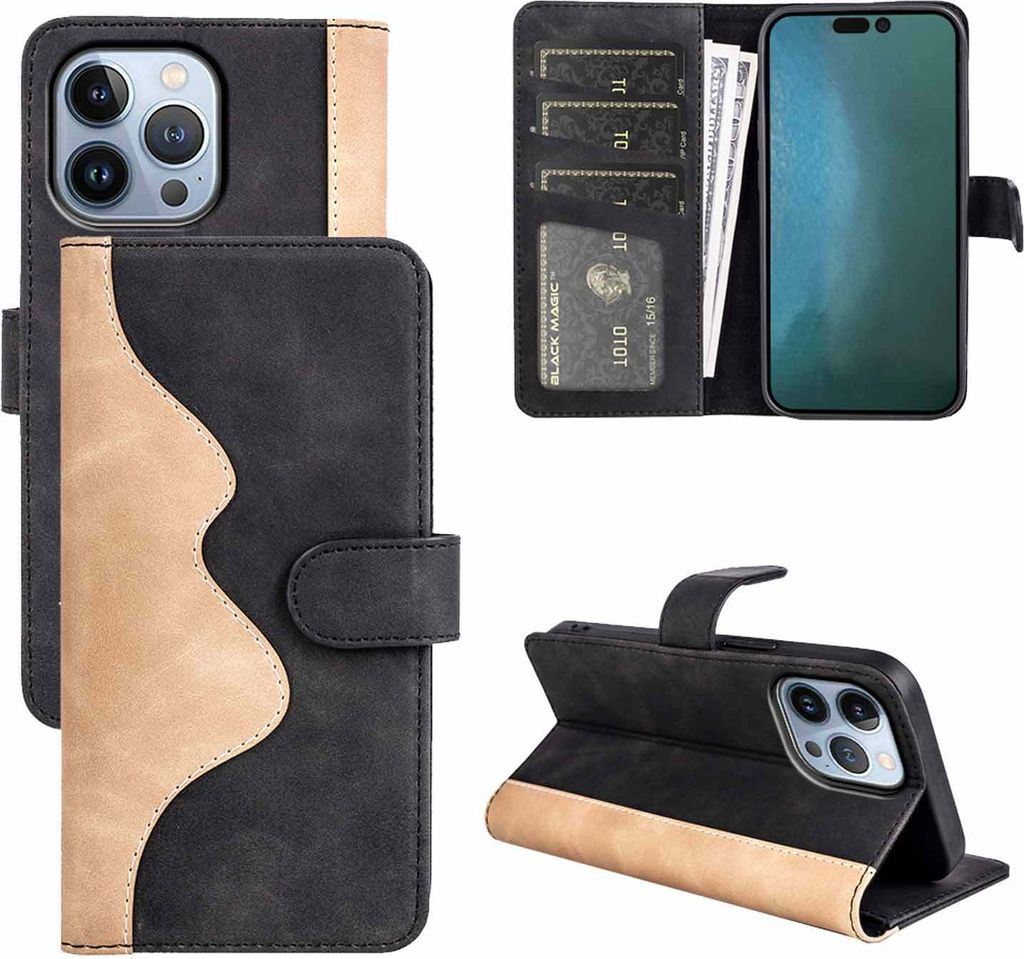 Für Apple iPhone 14 Pro Design Handy Tasche Schwarz Etuis Kunst-Leder Hülle Cover