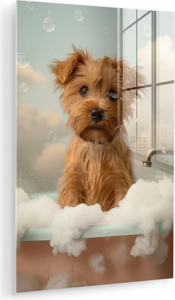 MuchoWow Glasbilder - Bilder auf Wandbild - Foto auf Glas Hund - Bad - Tiere - Schaumstoff 60x90 cm Wanddekoration aus Glas - Acrylglasbild - Acryl...