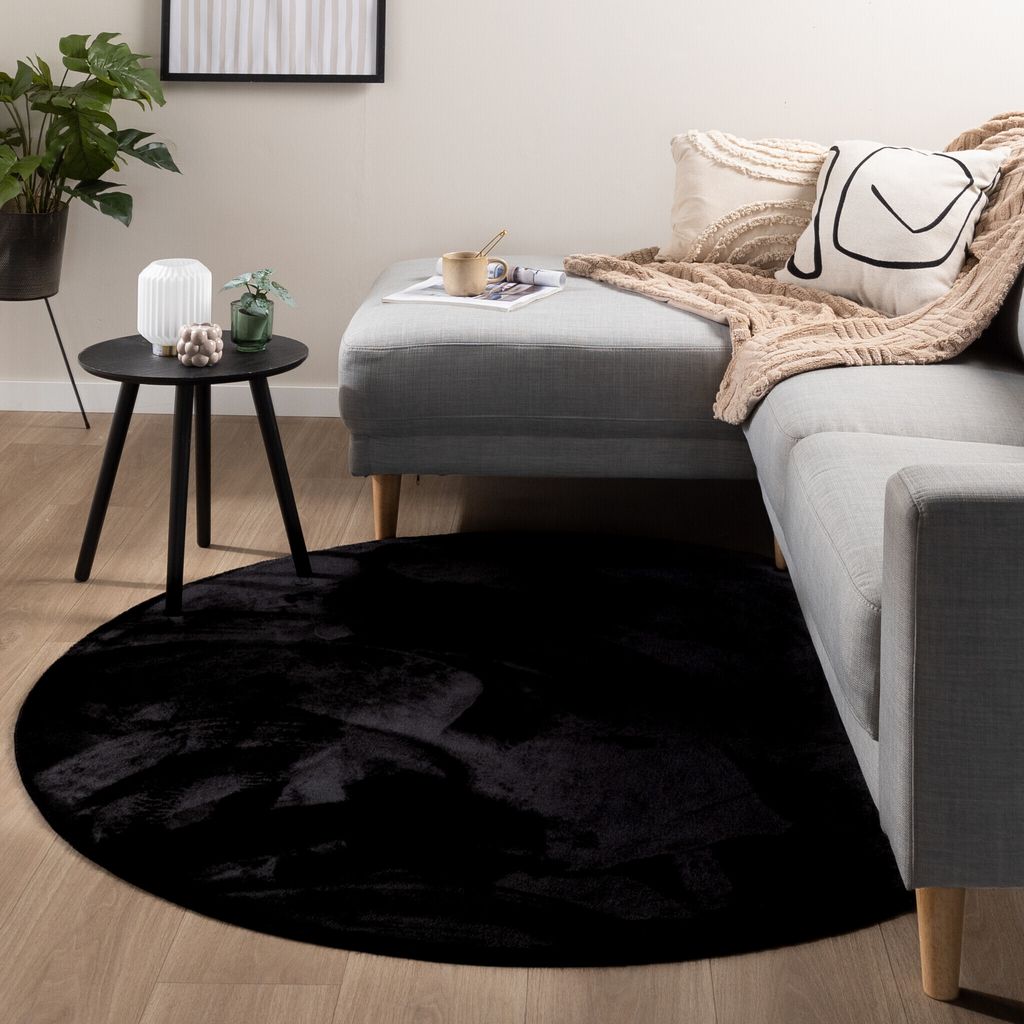 Volero - Flauschiger Teppich Rund - Cozy Schwarz - Ø 80 cm - Wohnzimmer, Esszimmer, Kinderzimmer, Schlafzimmer - Klassik, Ländlich, Modern, Skand...
