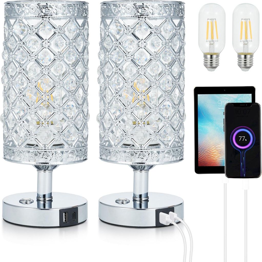 2Pcs Crystal Touch Schreibtischlampe 3000K Warm White LED-Lampe mit USB C + A Ladeanschluss 4000MAH Batterie Schlafzimmer Nachttisch Licht