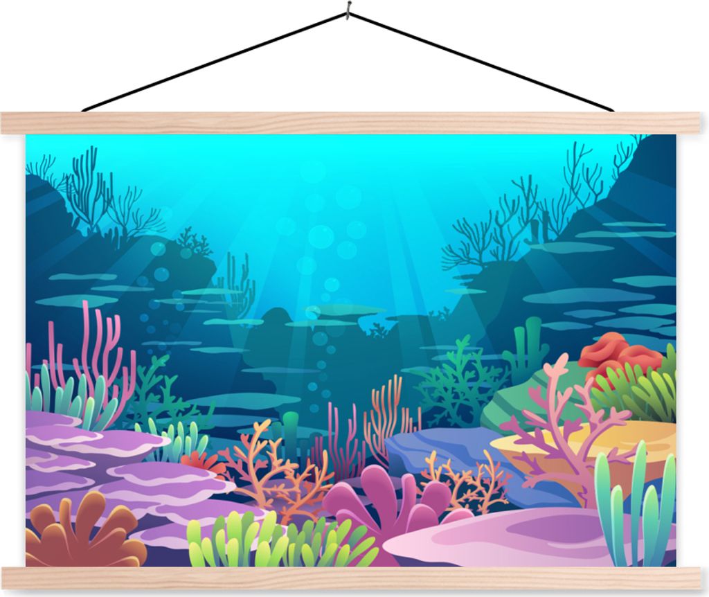 MuchoWow Textilposter Meer - Korallen - Unterwasserwelt - Illustration 120x80 cm mit holzfarbenen Rahmen - Aufhängeset