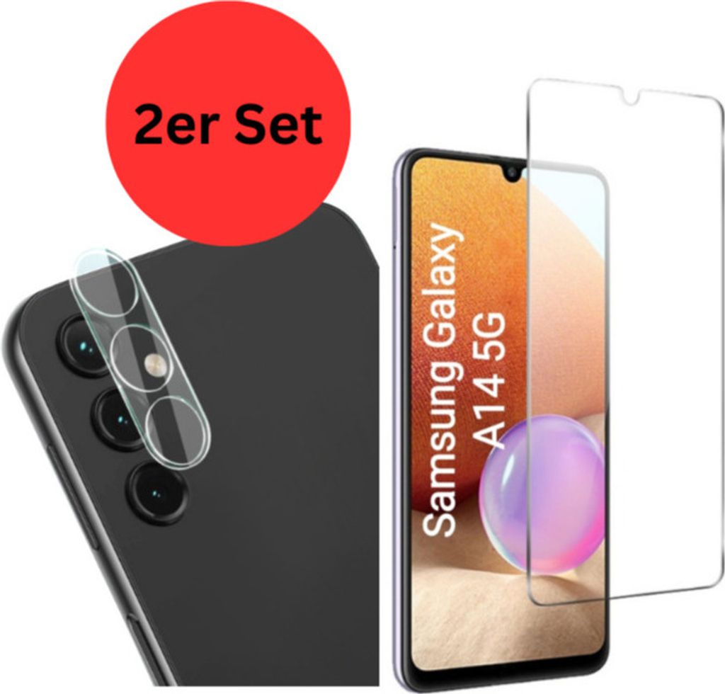 CLM-Tech 2er Set Displayschutzfolie kompatibel mit Samsung Galaxy A14 5G - 1X Panzerfolie + 1X Kameraschutz Kameraglas Panzerglas Crystal Clear Dis...